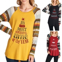 Fashion Striped Spliced Long Sleeve Round Neck Letters Printed T-shirt 