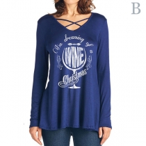 Fashion Letter Printed Long Sleeve Crossover V-neck T-shirt 