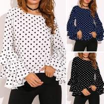 Sweet Style Lotus Sleeve Round Neck Dots Printed Blouse