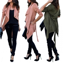 Fashion Solid Color Long Sleeve Lapel Cardigan Coat with Waist Strap
