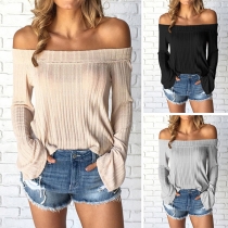 Sexy Off-shoulder Boat Neck Trumpet Sleeve Solid Color Knit Top