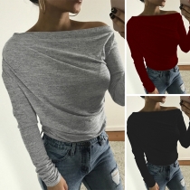 Fashion Solid Color Long Sleeve Boat Neck T-shirt