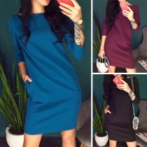 Sexy V-shaped Backless 3/4 Sleeve Round Neck Solid Color Slim Fit Dress