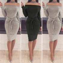 Sexy Off-shoulder Boat Neck Long Sleeve Lace-up Solid Color Tight Dress