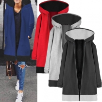 Fashion Contrast Color Long Sleeve Hooded Coat