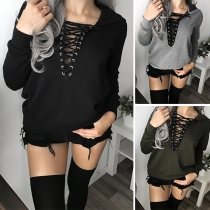 Fashion Solid Color Long Sleeve Lace-up V-neck Hooded Sweatshirt