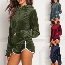 Fashion Solid Color Long Sleeve Hoodie + Shorts Sports Suit