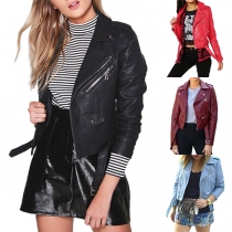 Punk Style Long Sleeve Slim Fit Solid Color PU Leather Jacket