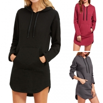 Fashion Solid Color Long Sleeve Hooded Sweatshirt Dress