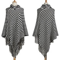 Fashion Long Sleeve Turtleneck Irregular Tassel Hem Cloak-style Striped Sweater