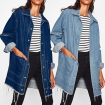 Retro Style Long Sleeve POLO Collar Frayed Hem Denim Coat