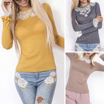 Fashion Solid Color Long Sleeve Round Neck Lace Spliced Knit Top 