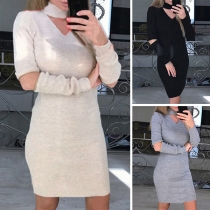 Sexy Hollow Out Long Sleeve V-neck Solid Color Slim Fit Dress