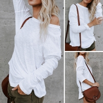 Simple Style Long Sleeve Round Neck Solid Color Loose T-shirt