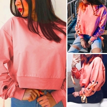 Fashion Solid Color Lace-up Long Sleeve Round Neck Sweatshirt Crop Top  