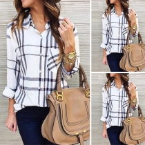 Fashion Long Sleeve POLO Collar High-low Hem Plaid Shirt