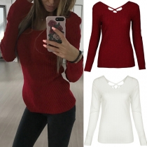 Sexy Backless V-neck Long Sleeve Slim Fit Knit Top