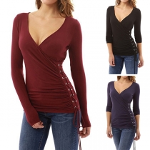 Sexy Deep V-neck Long Sleeve Lace-up Solid Color T-shirt
