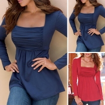 Fashion Solid Color Long Sleeve Square Collar T-shirt