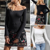 Sexy Off-shoulder Boat Neck Tassel Long Sleeve Solid Color Knit Top