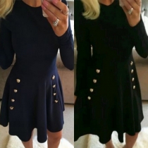 Elegant Solid Color Long Sleeve Round Neck Double-breasted Dress