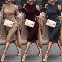 Sexy Off-shoulder Long Sleeve Round Neck Slim Fit Knitted Dress