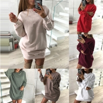 Fashion Solid Color Long Sleeve Round Neck Loose Sweatshirt Dress