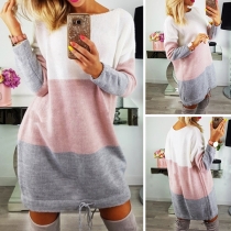 Fashion Contrast Color Long Sleeve Round Neck Sweater Dress