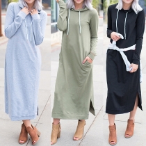 Fashion Solid Color Long Sleeve Slit Hem Hooded Sweatshirt Dress