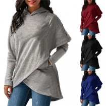 Fashion Solid Color Long Sleeve Irregular Hem Hoodie 