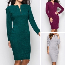 Fashion Solid Color Long Sleeve Round Neck Slim Fit Dress