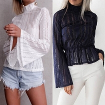 Fashion Solid Color Trumpet Sleeve High Neck Lace Top