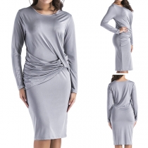 Fashion Solid Color Long Sleeve Round Neck Slim Fit Wrinkled Dress