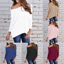 Sexy Oblique Shoulder Long Sleeve Solid Color Knit T-shirt