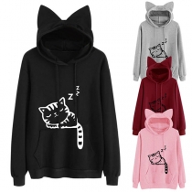 Cute Cat Printed Long Sleeve Casual Hoodie 