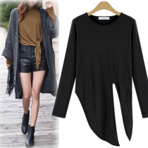 Fashion Solid Color Long Sleeve Round Neck Knotted Hem T-shirt
