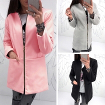 Fashion Solid Color Long Sleeve Round Neck Slim Fit Zipper Coat