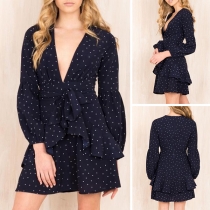 Sexy Deep V-neck Long Sleeve Dots Printed Ruffle Dress