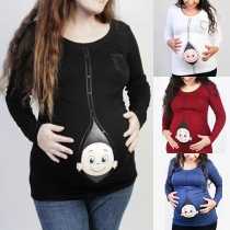 Cute Cartoon Printed Long Sleeve Round Neck T-shirt for Pregnant Women