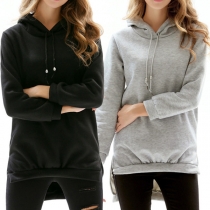 Fashion Solid Color Long Sleeve High-low Hem Hoodie 