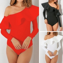 Sexy Oblique Shoulder Long Sleeve Ruffle Solid Color Bodysuit