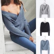 Sexy Crossover V-neck Long Sleeve Solid Color Knit Top