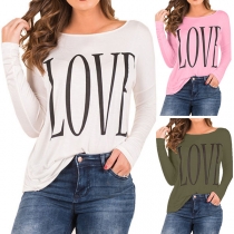 Fashion Letters Printed Long Sleeve Round Neck T-shirt
