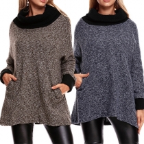 Fashion Contrast Color Long Sleeve Scarf Collar Loose Top