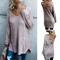 Sexy Backless V-neck Long Sleeve Solid Color Sweater