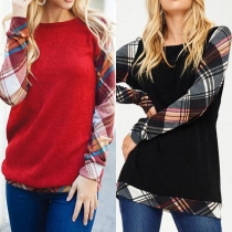 Fashion Plaid Spliced Long Sleeve Round Neck Knit Top