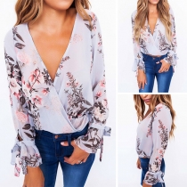 Sexy Deep V-neck Long Sleeve Printed Blouse