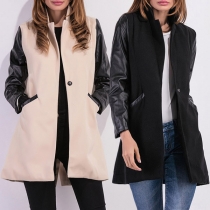 Fashion PU Leather Spliced Long Sleeve Contrast Color Woolen Coat