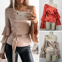Sexy One-shoulder Trumpet Sleeve Solid Color Top