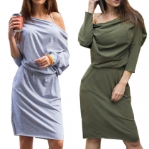 Sexy Oblique Shoulder Long Sleeve Solid Color Slim Fit Dress